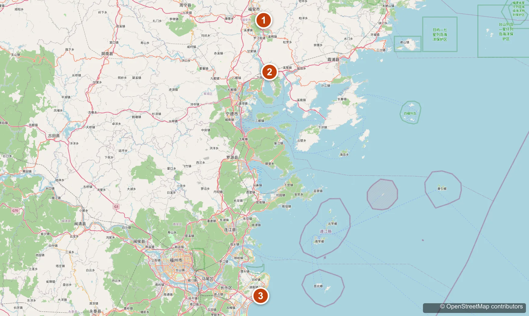 Map showing the factory (①), Fuan Station (②) and Fuzhou Changle International Airport (③)